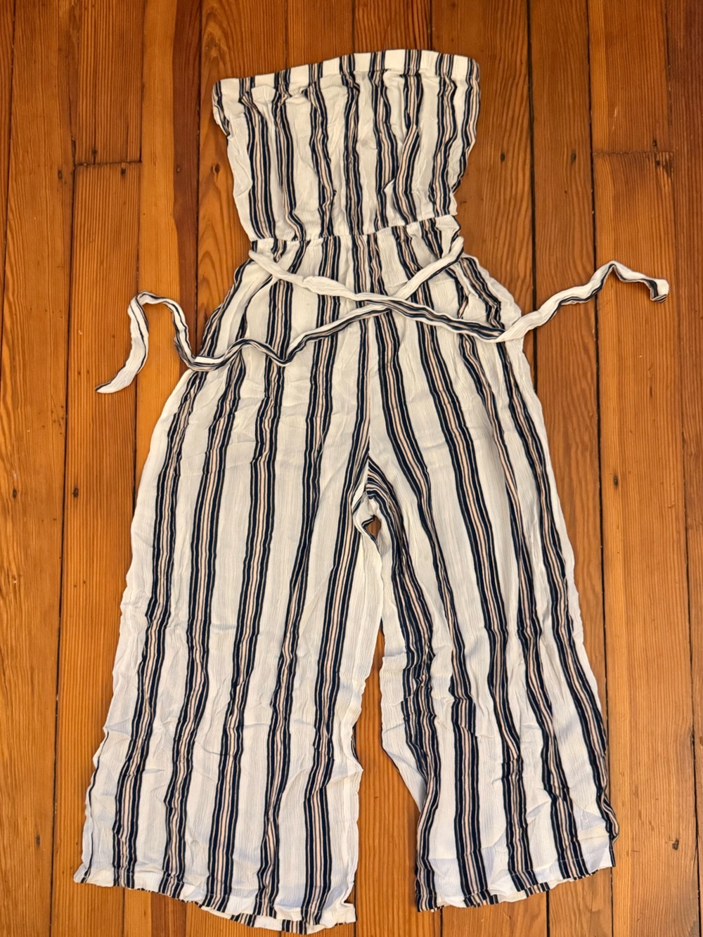 Simplee Navy White Striped Strapless Wide Leg Jumpsuit M Boho
